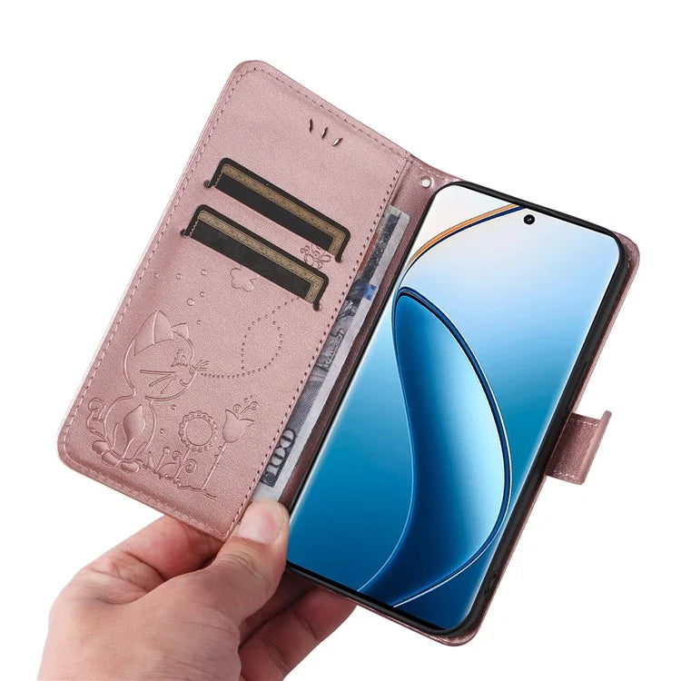 KT Imprinting Flower Series-4 For Realme 13 Pro 5G / 13 Pro+ 5G / P1 Pro 5G / 12 Pro 5G / 12 Pro+ 5G Case Cat Bee Pattern Leather Phone Cover