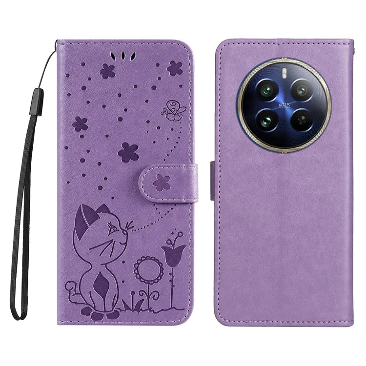 KT Imprinting Flower Series-4 For Realme 13 Pro 5G / 13 Pro+ 5G / P1 Pro 5G / 12 Pro 5G / 12 Pro+ 5G Case Cat Bee Pattern Leather Phone Cover