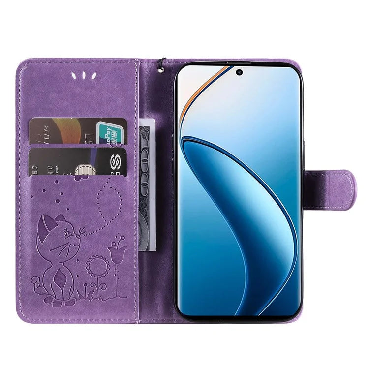 KT Imprinting Flower Series-4 For Realme 13 Pro 5G / 13 Pro+ 5G / P1 Pro 5G / 12 Pro 5G / 12 Pro+ 5G Case Cat Bee Pattern Leather Phone Cover