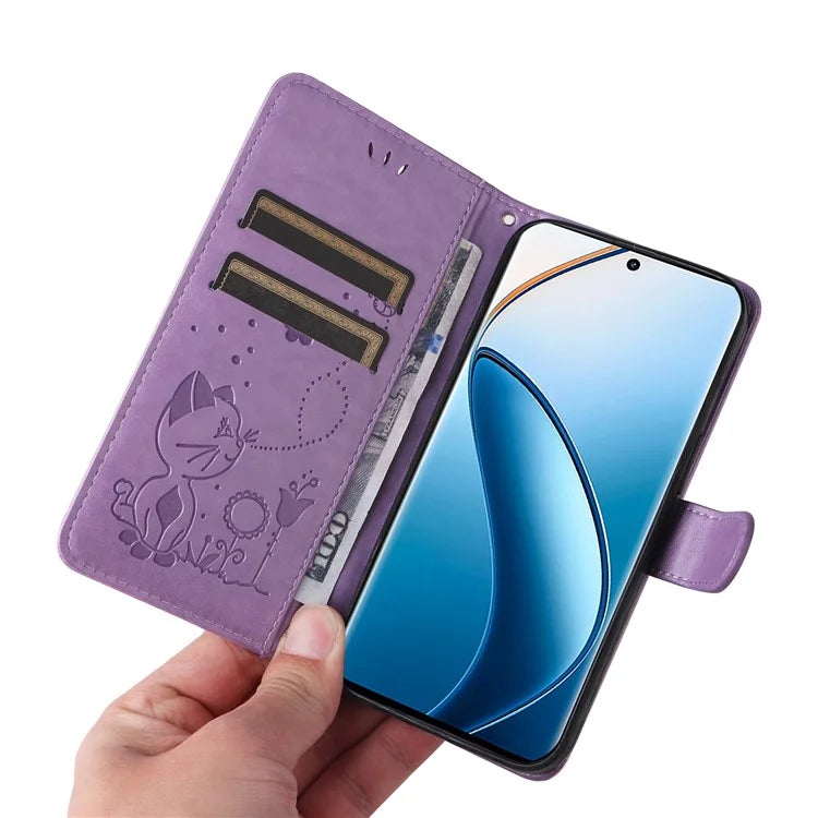 KT Imprinting Flower Series-4 For Realme 13 Pro 5G / 13 Pro+ 5G / P1 Pro 5G / 12 Pro 5G / 12 Pro+ 5G Case Cat Bee Pattern Leather Phone Cover