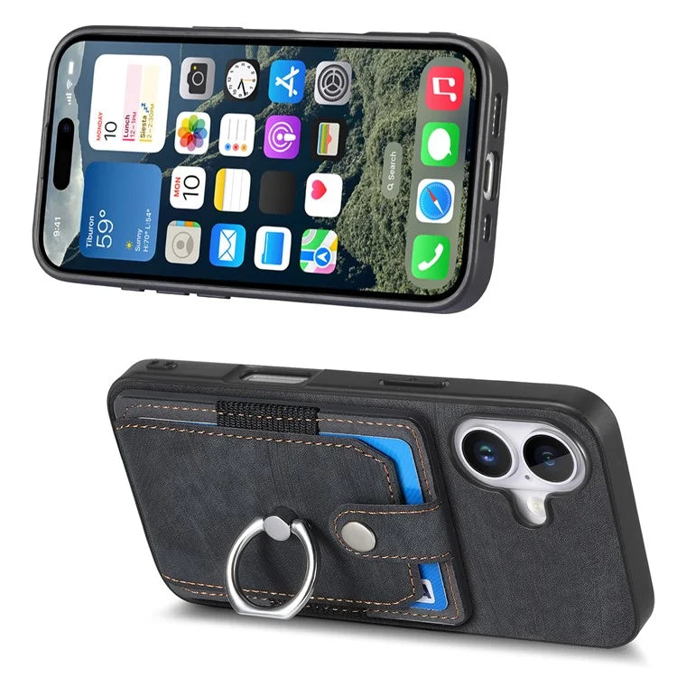 D2 for iPhone 16 Plus Case Kickstand Leather+TPU Non-Slip Protective Cover Card Slots