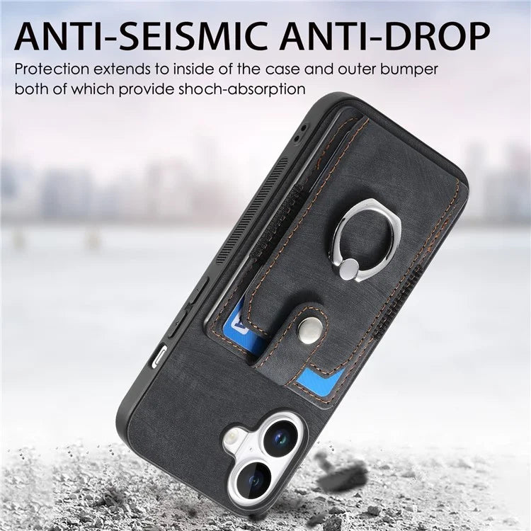 D2 for iPhone 16 Plus Case Kickstand Leather+TPU Non-Slip Protective Cover Card Slots