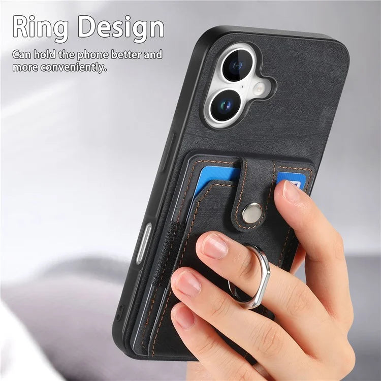 D2 for iPhone 16 Plus Case Kickstand Leather+TPU Non-Slip Protective Cover Card Slots