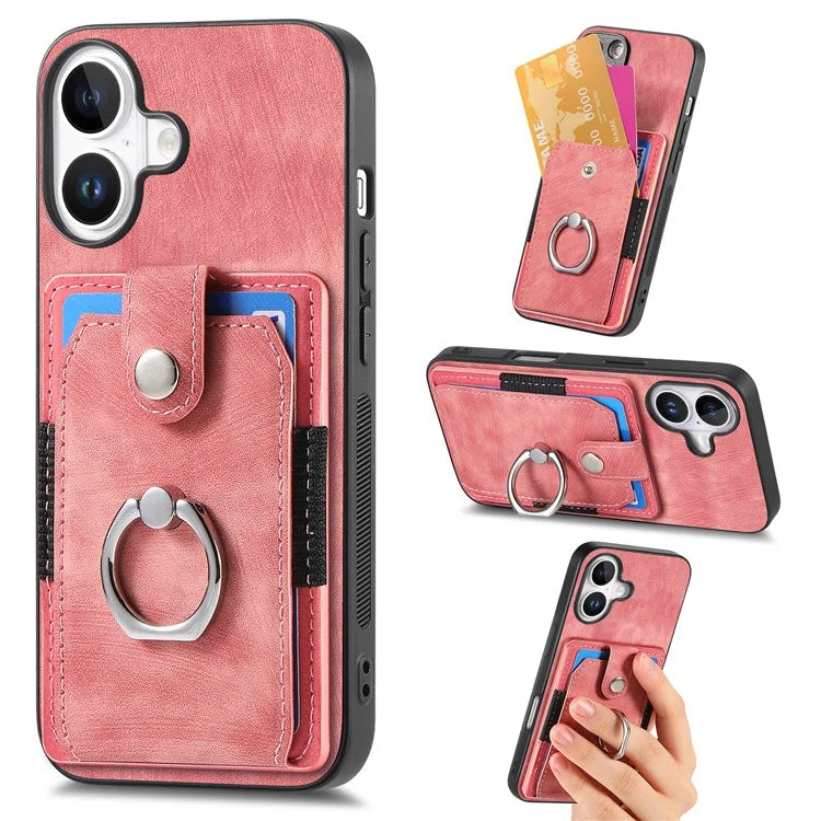 D2 for iPhone 16 Plus Case Kickstand Leather+TPU Non-Slip Protective Cover Card Slots