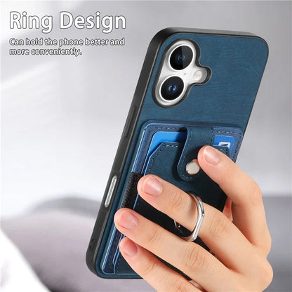 D2 for iPhone 16 Plus Case Kickstand Leather+TPU Non-Slip Protective Cover Card Slots