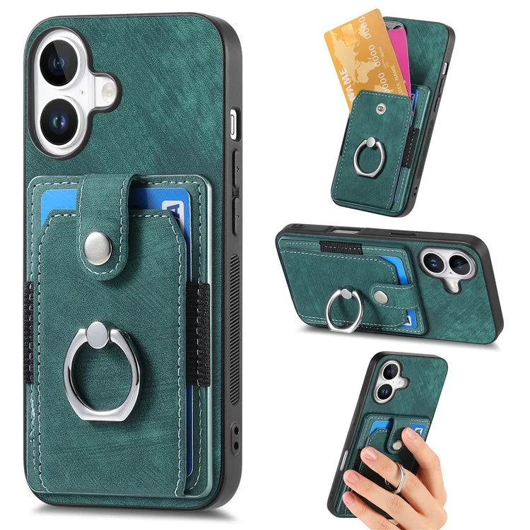 D2 for iPhone 16 Plus Case Kickstand Leather+TPU Non-Slip Protective Cover Card Slots