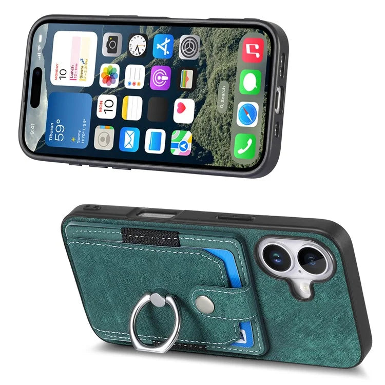 D2 for iPhone 16 Plus Case Kickstand Leather+TPU Non-Slip Protective Cover Card Slots