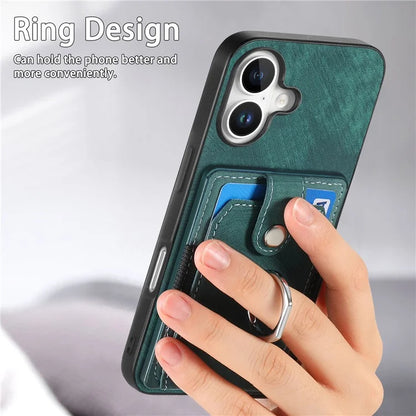 D2 for iPhone 16 Plus Case Kickstand Leather+TPU Non-Slip Protective Cover Card Slots