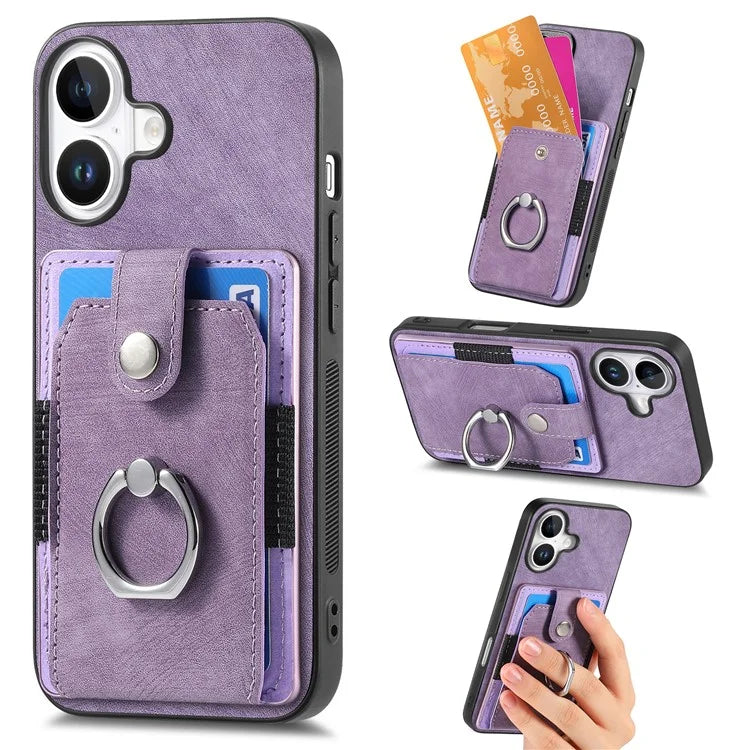 D2 for iPhone 16 Plus Case Kickstand Leather+TPU Non-Slip Protective Cover Card Slots