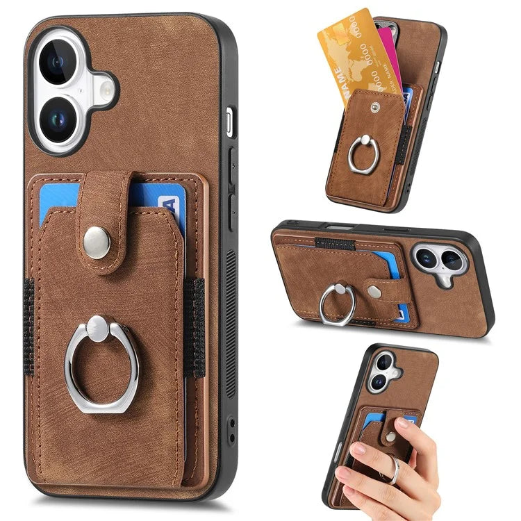 D2 for iPhone 16 Plus Case Kickstand Leather+TPU Non-Slip Protective Cover Card Slots