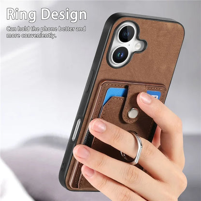 D2 for iPhone 16 Plus Case Kickstand Leather+TPU Non-Slip Protective Cover Card Slots