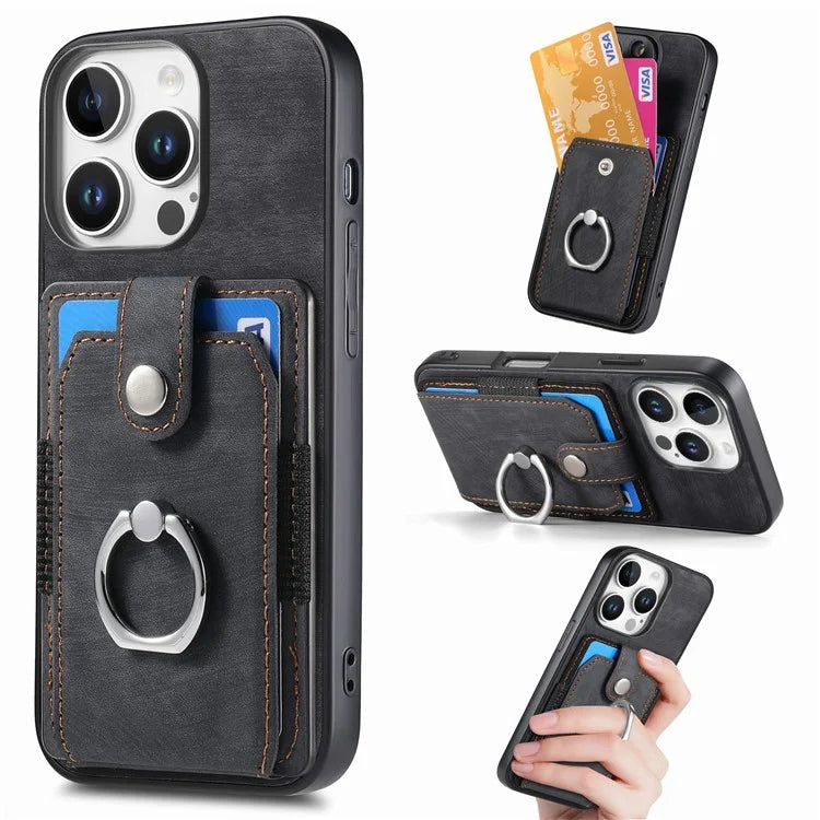D2 for iPhone 16 Pro Case Kickstand Leather+TPU Non-Slip Protective Cover Card Slots