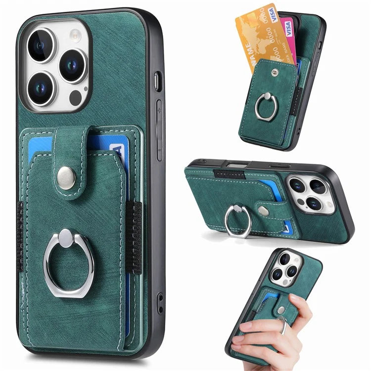 D2 for iPhone 16 Pro Case Kickstand Leather+TPU Non-Slip Protective Cover Card Slots
