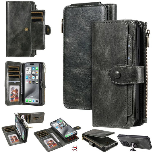 KT Multi-Functional Series-3 For iPhone 16 Pro Max Phone Case PU Leather Zipper Wallet Detachable Cover