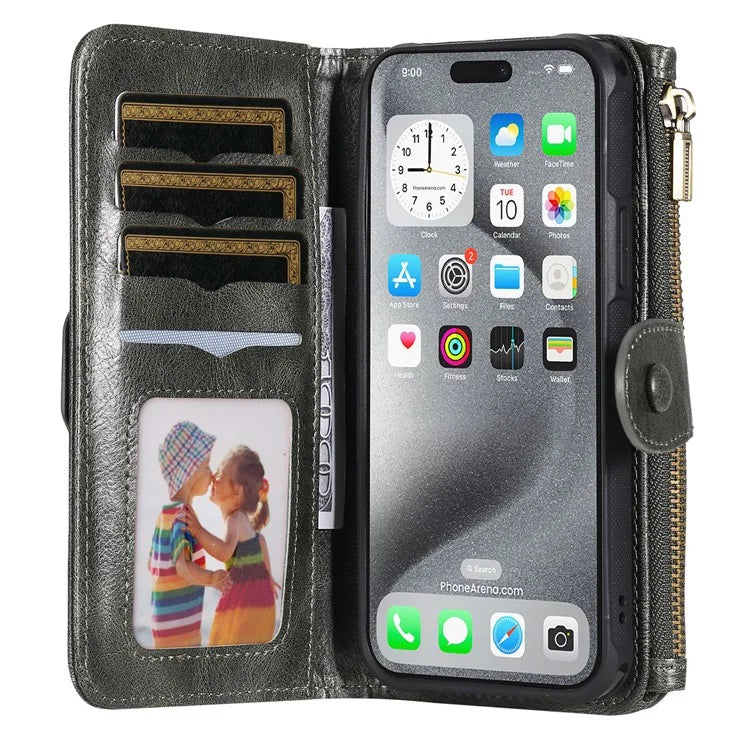KT Multi-Functional Series-3 For iPhone 16 Pro Max Phone Case PU Leather Zipper Wallet Detachable Cover
