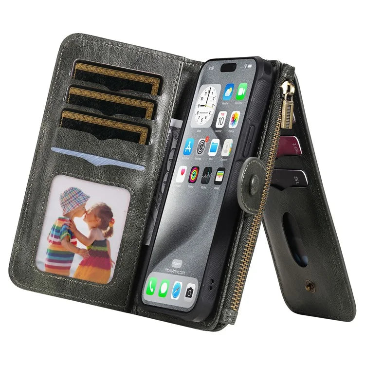 KT Multi-Functional Series-3 For iPhone 16 Pro Max Phone Case PU Leather Zipper Wallet Detachable Cover