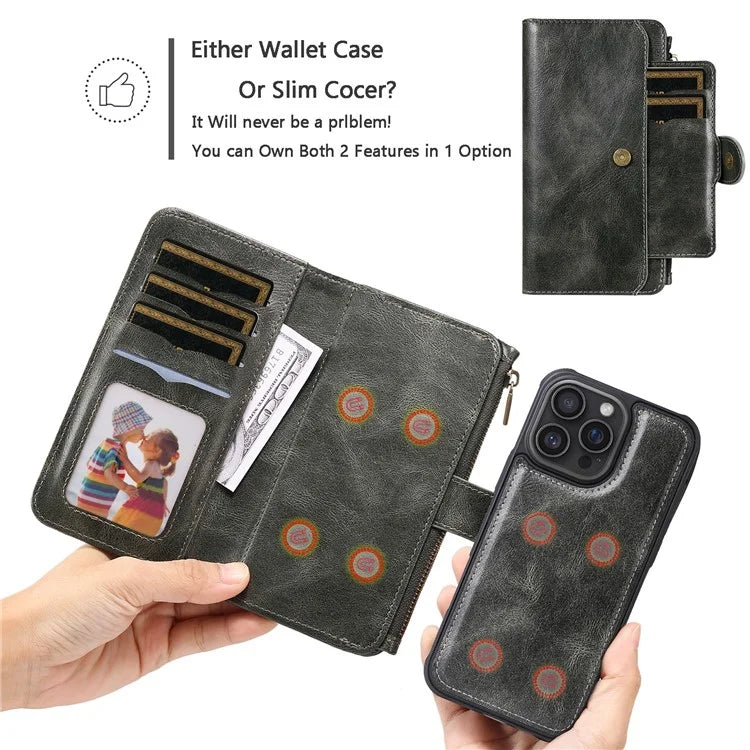 KT Multi-Functional Series-3 For iPhone 16 Pro Max Phone Case PU Leather Zipper Wallet Detachable Cover