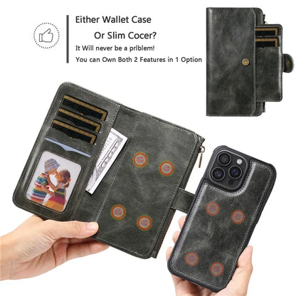 KT Multi-Functional Series-3 For iPhone 16 Pro Max Phone Case PU Leather Zipper Wallet Detachable Cover