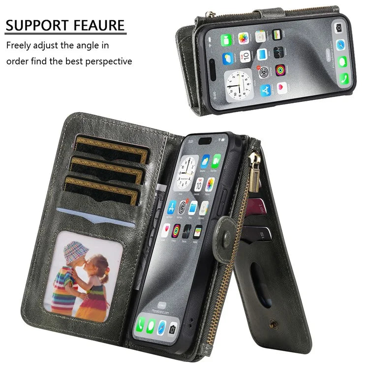 KT Multi-Functional Series-3 For iPhone 16 Pro Max Phone Case PU Leather Zipper Wallet Detachable Cover