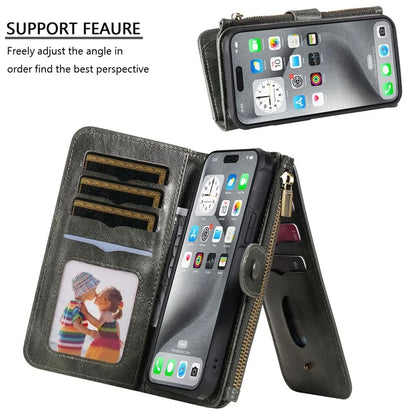 KT Multi-Functional Series-3 For iPhone 16 Pro Max Phone Case PU Leather Zipper Wallet Detachable Cover