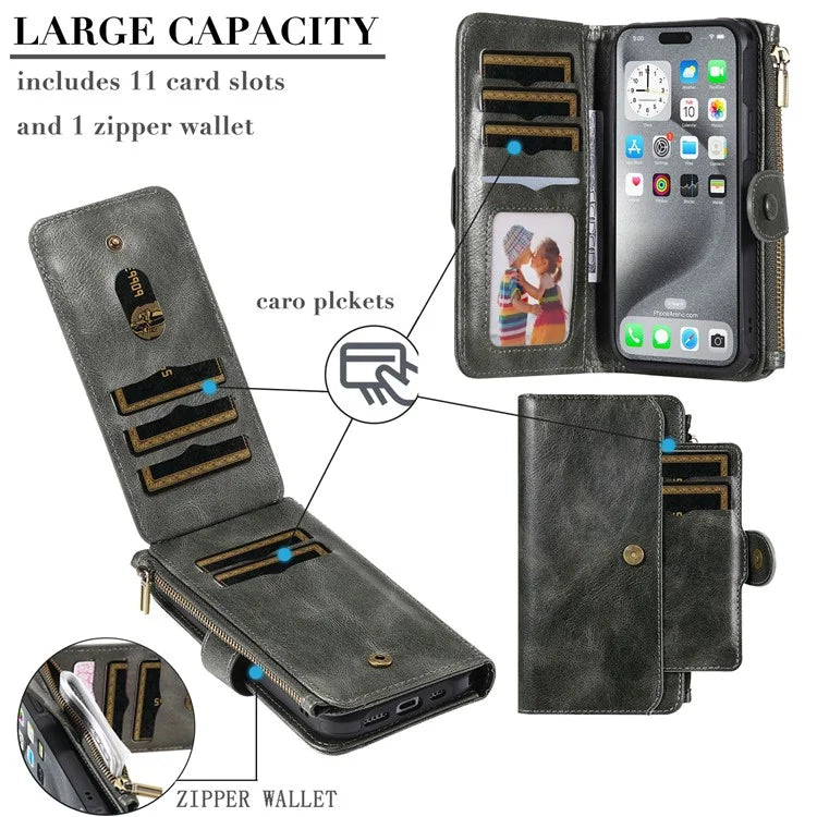 KT Multi-Functional Series-3 For iPhone 16 Pro Max Phone Case PU Leather Zipper Wallet Detachable Cover