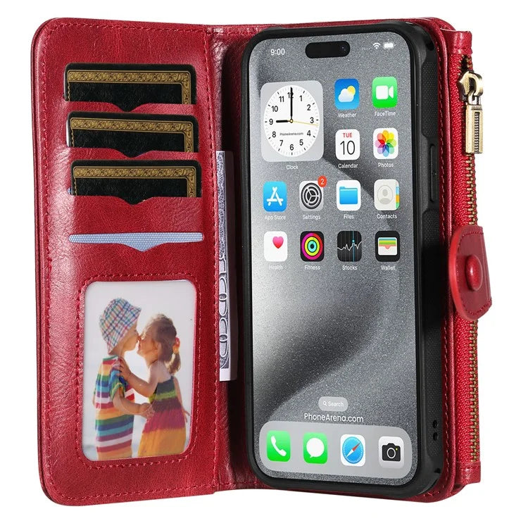 KT Multi-Functional Series-3 For iPhone 16 Pro Max Phone Case PU Leather Zipper Wallet Detachable Cover