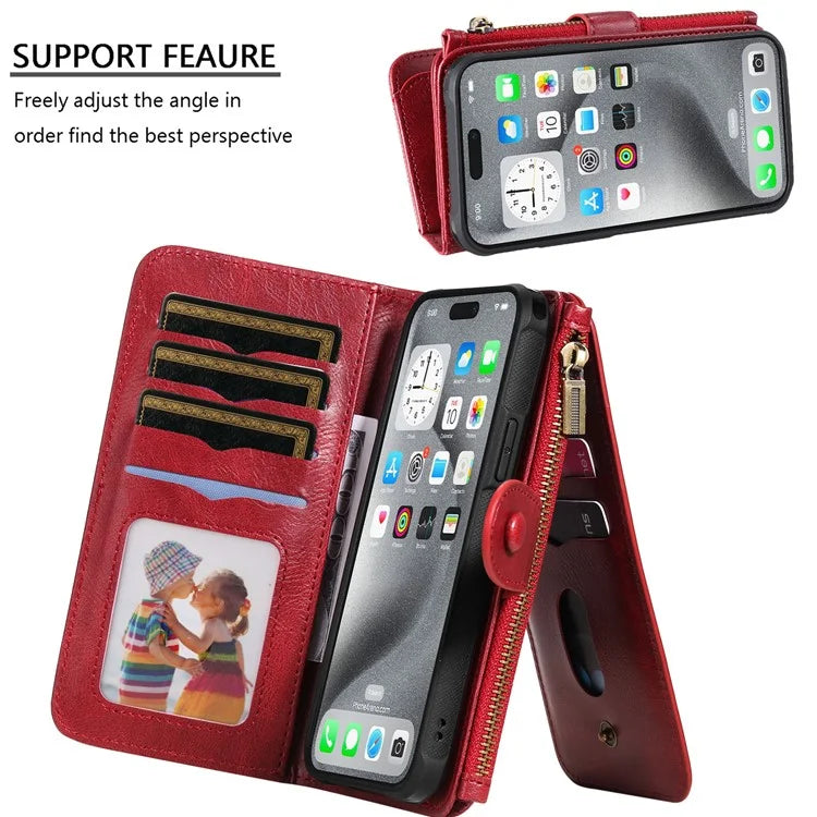 KT Multi-Functional Series-3 For iPhone 16 Pro Max Phone Case PU Leather Zipper Wallet Detachable Cover