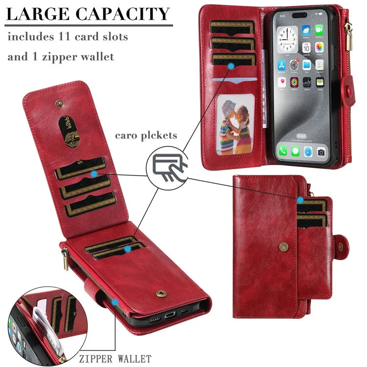 KT Multi-Functional Series-3 For iPhone 16 Pro Max Phone Case PU Leather Zipper Wallet Detachable Cover