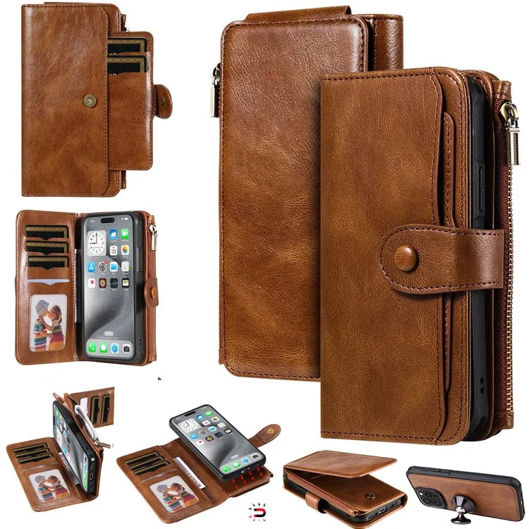 KT Multi-Functional Series-3 For iPhone 16 Pro Max Phone Case PU Leather Zipper Wallet Detachable Cover