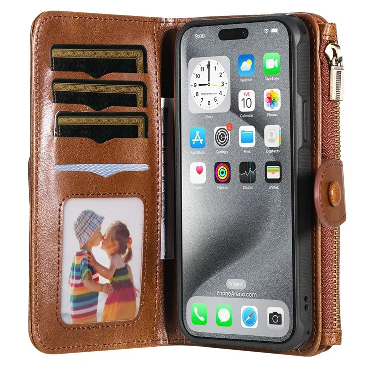 KT Multi-Functional Series-3 For iPhone 16 Pro Max Phone Case PU Leather Zipper Wallet Detachable Cover
