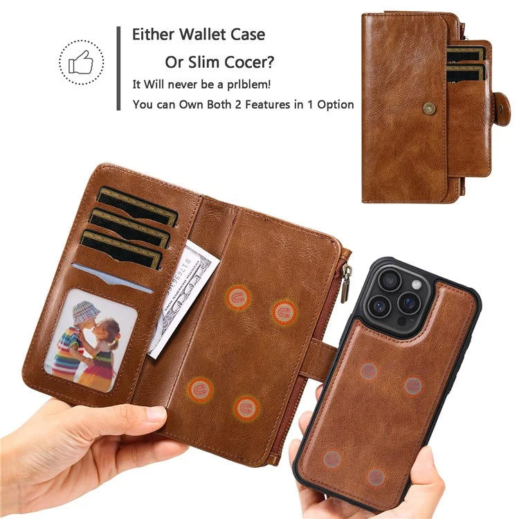 KT Multi-Functional Series-3 For iPhone 16 Pro Max Phone Case PU Leather Zipper Wallet Detachable Cover