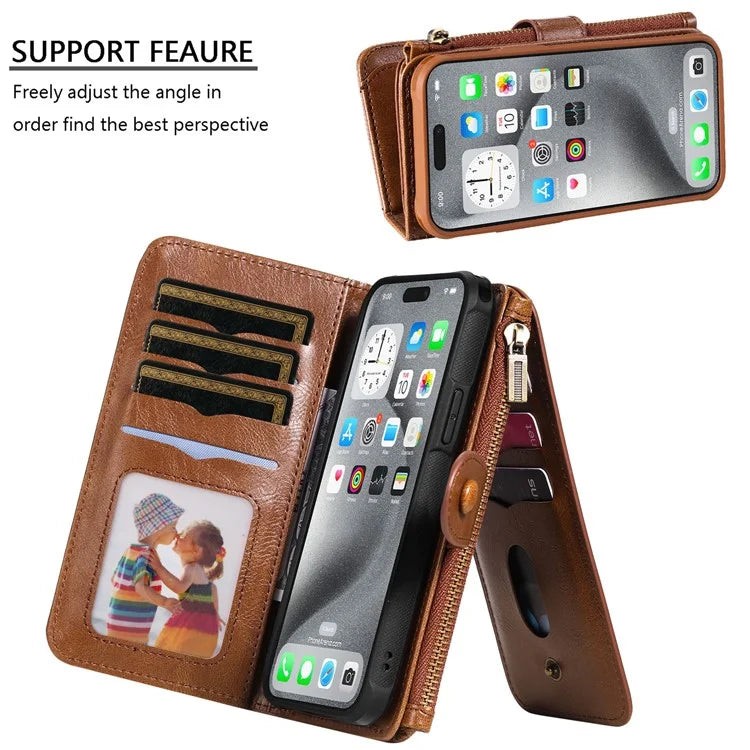 KT Multi-Functional Series-3 For iPhone 16 Pro Max Phone Case PU Leather Zipper Wallet Detachable Cover
