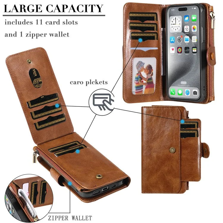 KT Multi-Functional Series-3 For iPhone 16 Pro Max Phone Case PU Leather Zipper Wallet Detachable Cover