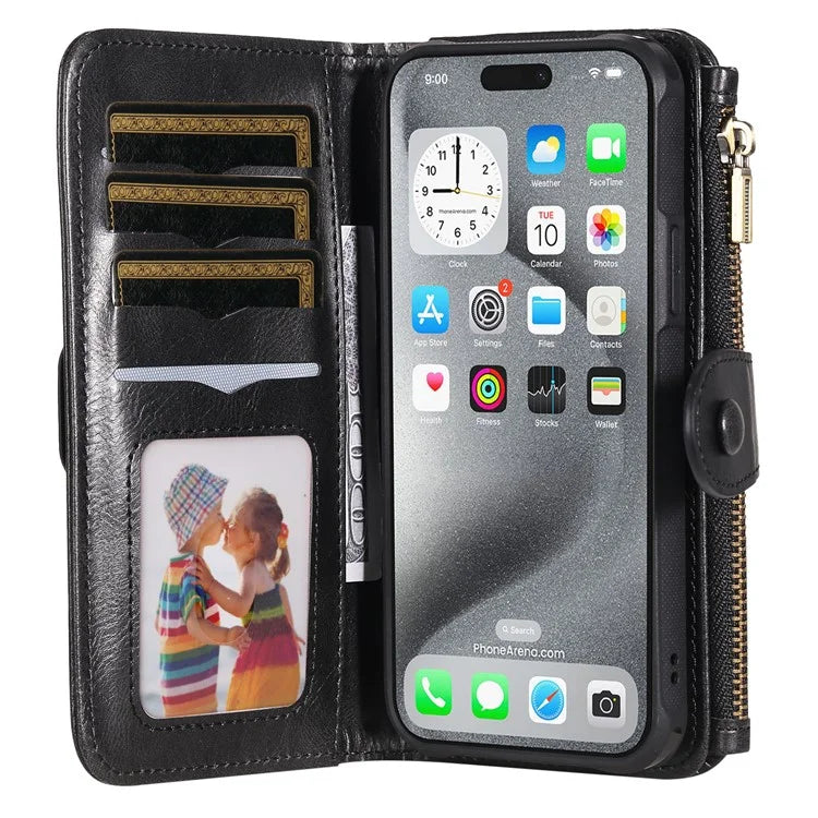 KT Multi-Functional Series-3 For iPhone 16 Pro Max Phone Case PU Leather Zipper Wallet Detachable Cover