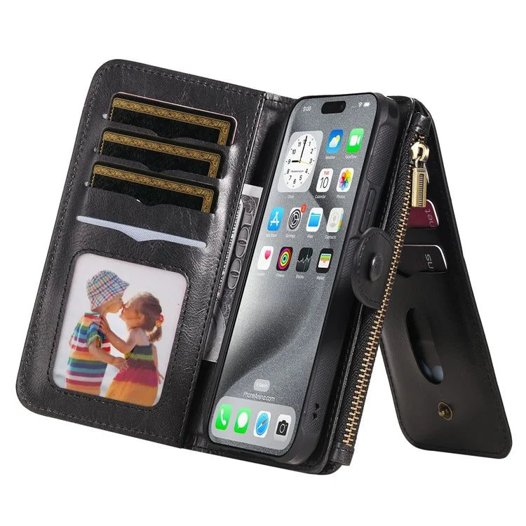 KT Multi-Functional Series-3 For iPhone 16 Pro Max Phone Case PU Leather Zipper Wallet Detachable Cover