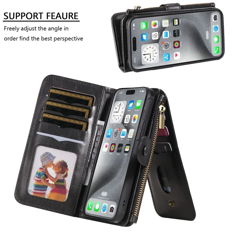 KT Multi-Functional Series-3 For iPhone 16 Pro Max Phone Case PU Leather Zipper Wallet Detachable Cover