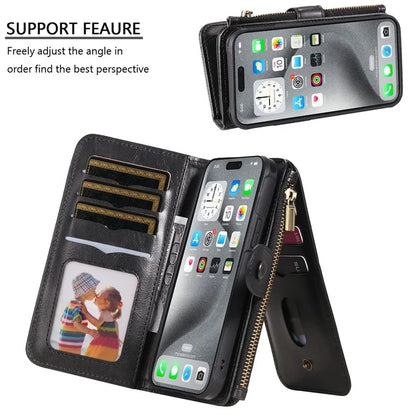 KT Multi-Functional Series-3 For iPhone 16 Pro Max Phone Case PU Leather Zipper Wallet Detachable Cover
