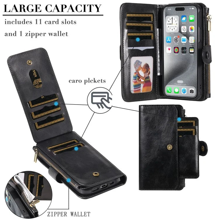 KT Multi-Functional Series-3 For iPhone 16 Pro Max Phone Case PU Leather Zipper Wallet Detachable Cover