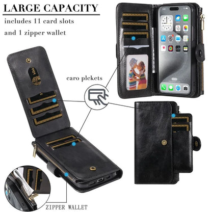 KT Multi-Functional Series-3 For iPhone 16 Pro Max Phone Case PU Leather Zipper Wallet Detachable Cover