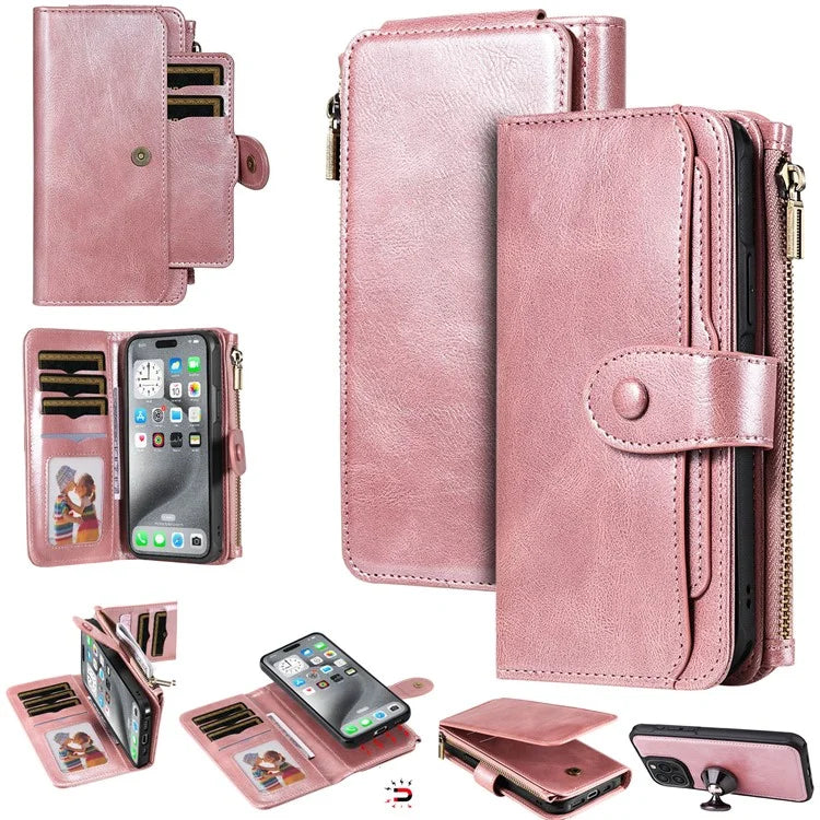 KT Multi-Functional Series-3 For iPhone 16 Pro Max Phone Case PU Leather Zipper Wallet Detachable Cover