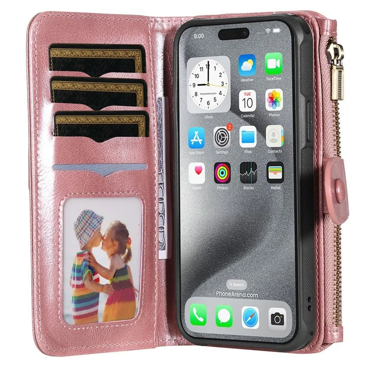 KT Multi-Functional Series-3 For iPhone 16 Pro Max Phone Case PU Leather Zipper Wallet Detachable Cover