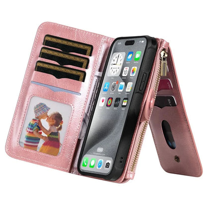 KT Multi-Functional Series-3 For iPhone 16 Pro Max Phone Case PU Leather Zipper Wallet Detachable Cover