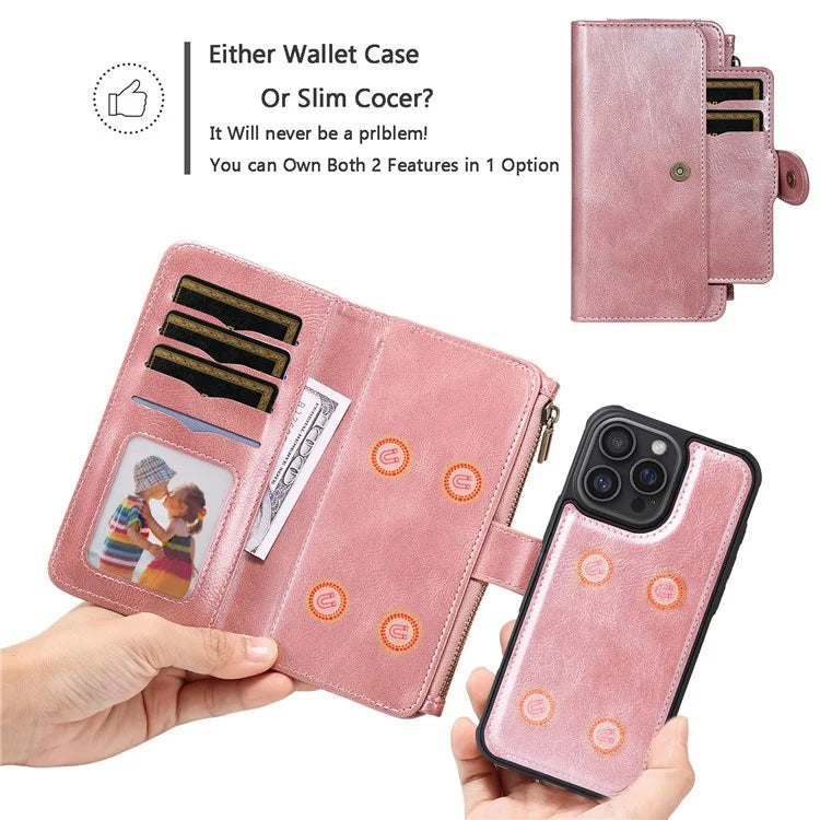 KT Multi-Functional Series-3 For iPhone 16 Pro Max Phone Case PU Leather Zipper Wallet Detachable Cover