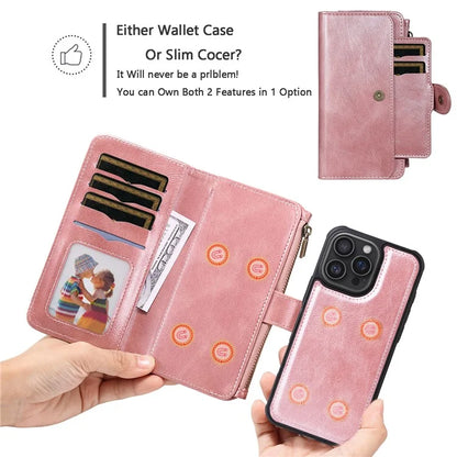 KT Multi-Functional Series-3 For iPhone 16 Pro Max Phone Case PU Leather Zipper Wallet Detachable Cover