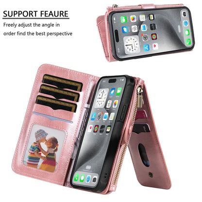 KT Multi-Functional Series-3 For iPhone 16 Pro Max Phone Case PU Leather Zipper Wallet Detachable Cover