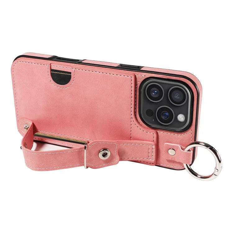 008 For iPhone 16 Pro Max Case Wristband Kickstand PU Leather TPU Phone Cover