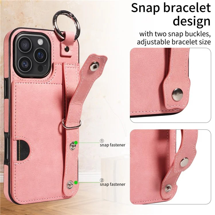 008 For iPhone 16 Pro Max Case Wristband Kickstand PU Leather TPU Phone Cover