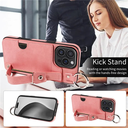 008 For iPhone 16 Pro Max Case Wristband Kickstand PU Leather TPU Phone Cover