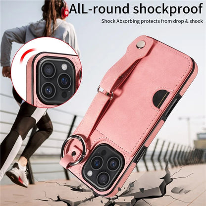 008 For iPhone 16 Pro Max Case Wristband Kickstand PU Leather TPU Phone Cover