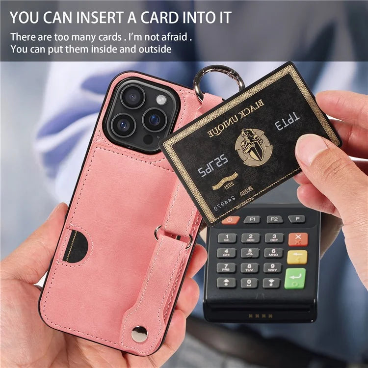 008 For iPhone 16 Pro Max Case Wristband Kickstand PU Leather TPU Phone Cover